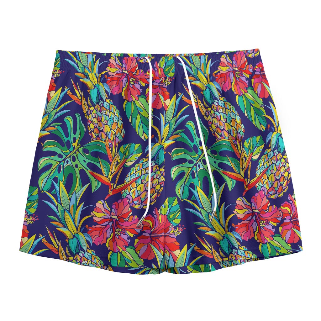 Colorful Aloha Pineapple Pattern Print Mesh Shorts