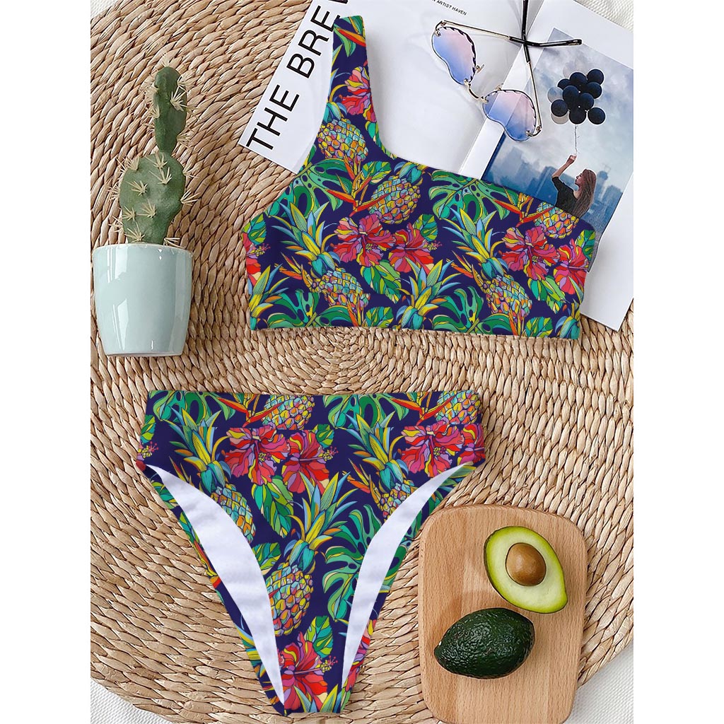 Colorful Aloha Pineapple Pattern Print One Shoulder Bikini Top