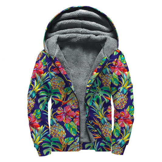 Colorful Aloha Pineapple Pattern Print Sherpa Lined Zip Up Hoodie