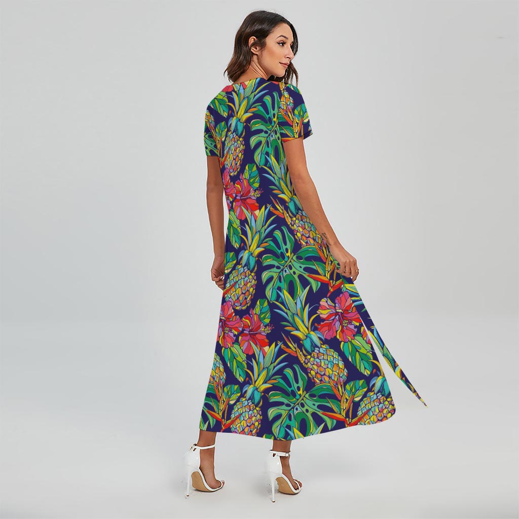 Colorful Aloha Pineapple Pattern Print Short Sleeve Maxi Dress