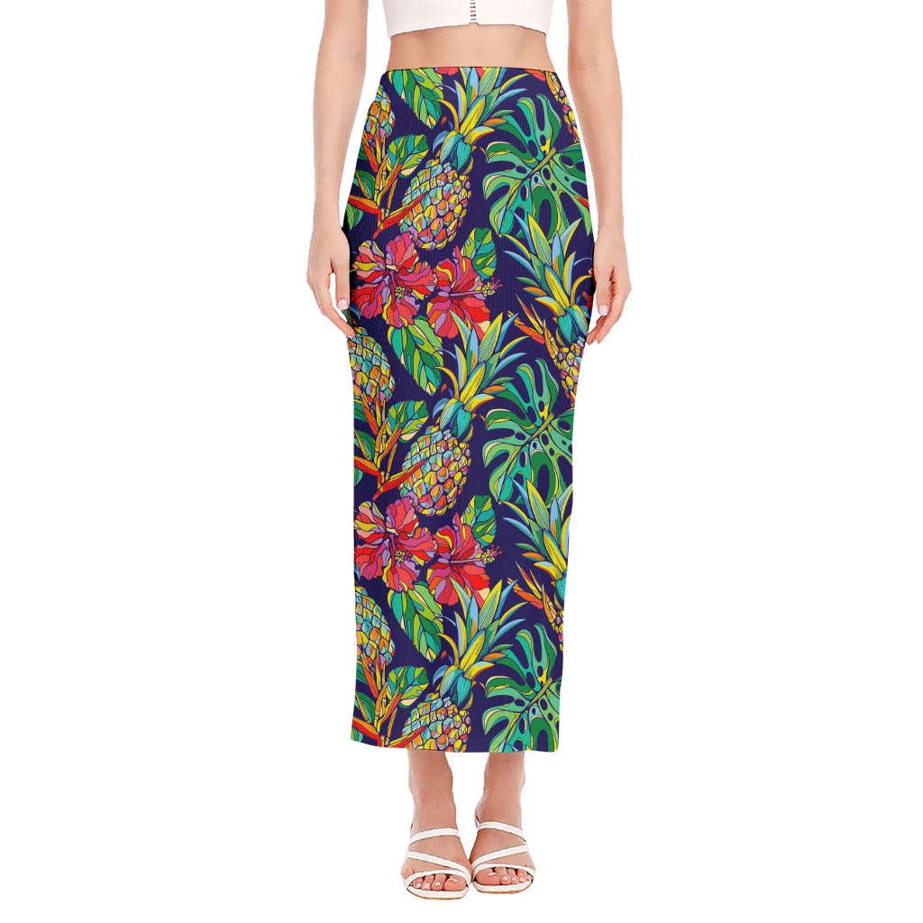 Colorful Aloha Pineapple Pattern Print Side Slit Maxi Skirt