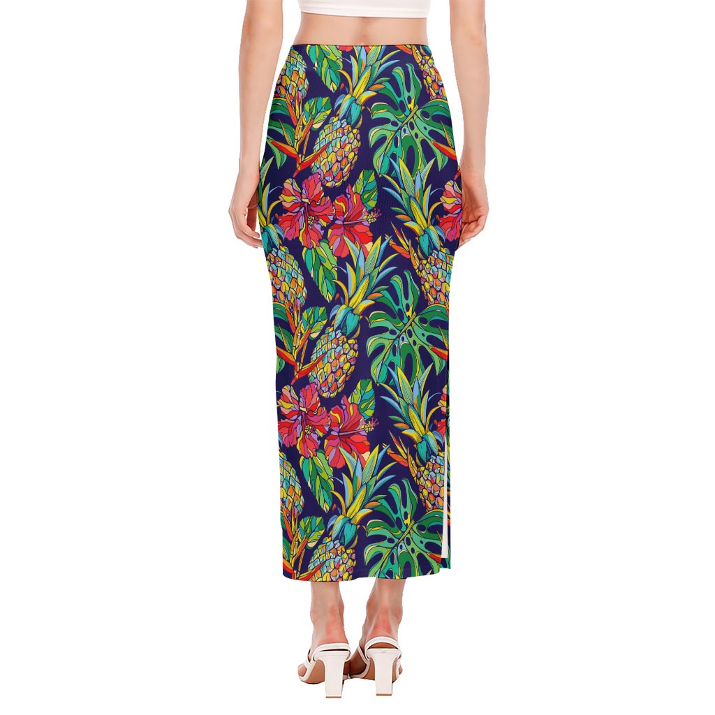 Colorful Aloha Pineapple Pattern Print Side Slit Maxi Skirt