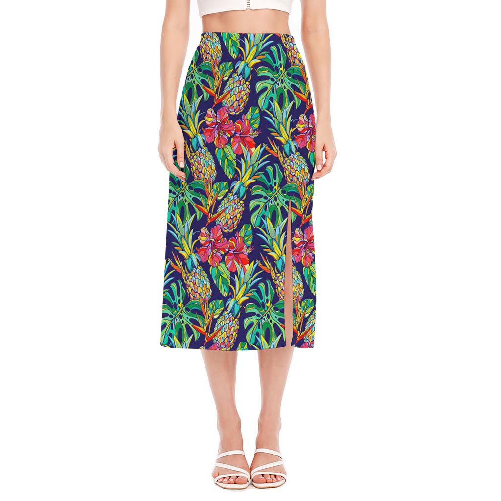 Colorful Aloha Pineapple Pattern Print Side Slit Midi Skirt