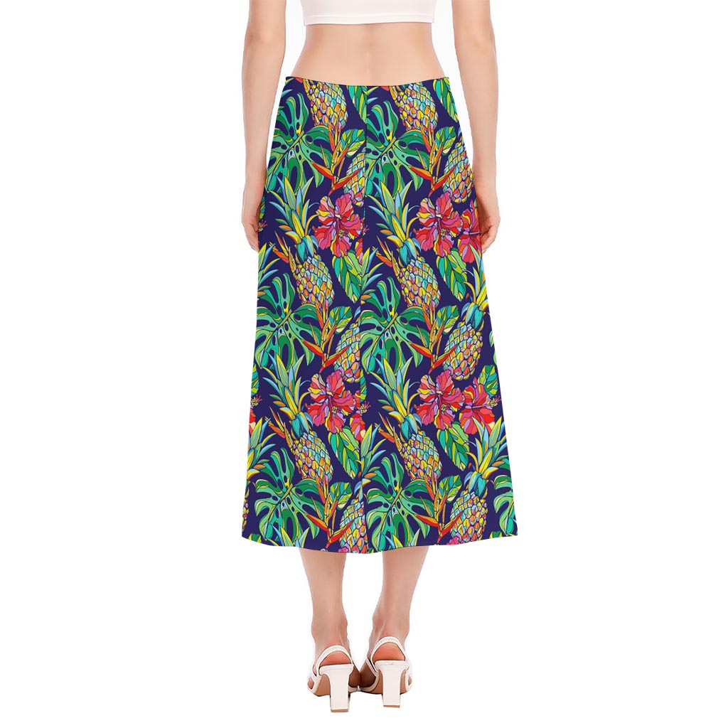 Colorful Aloha Pineapple Pattern Print Side Slit Midi Skirt