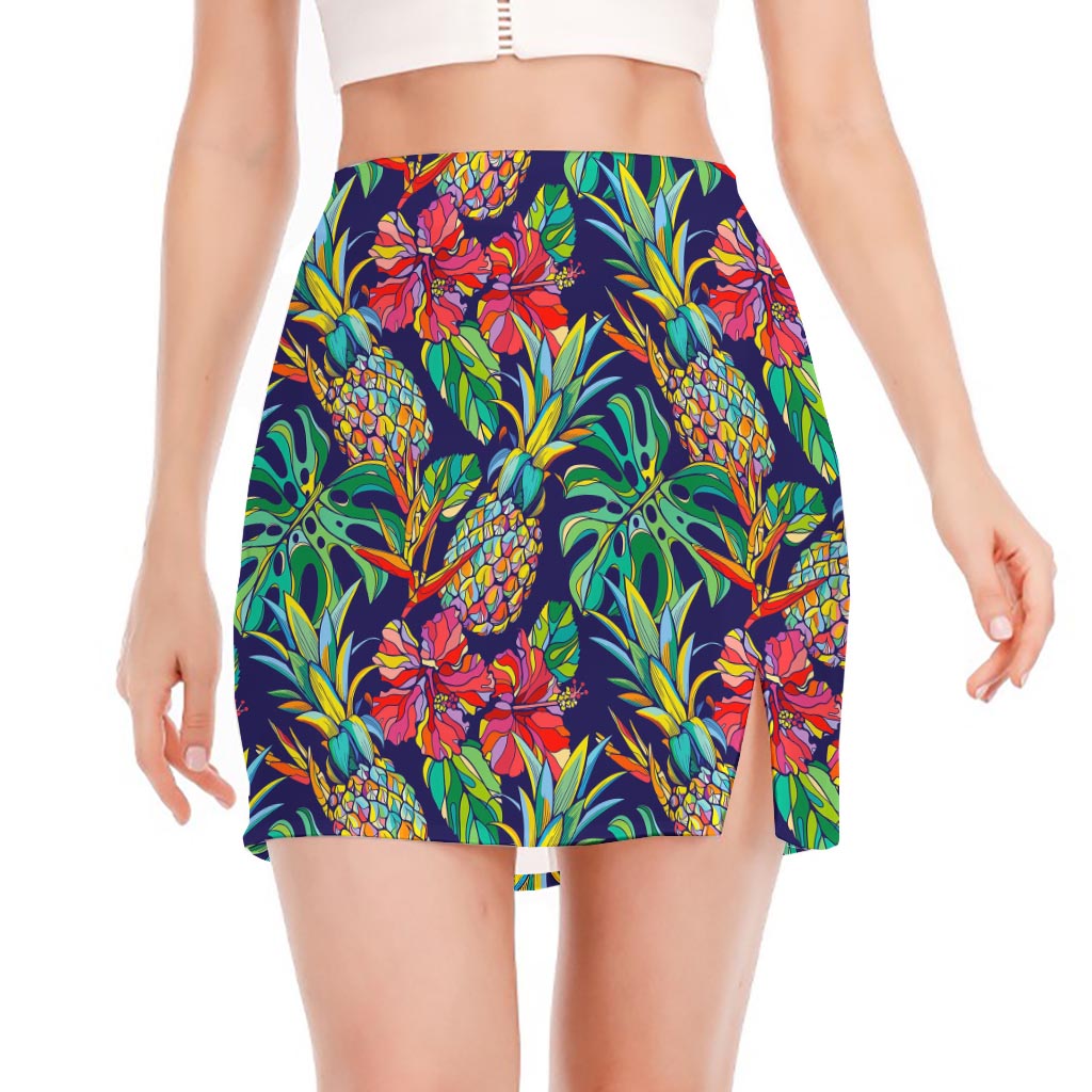 Colorful Aloha Pineapple Pattern Print Side Slit Mini Skirt