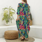 Colorful Aloha Pineapple Pattern Print Silk V-Neck Kaftan Dress