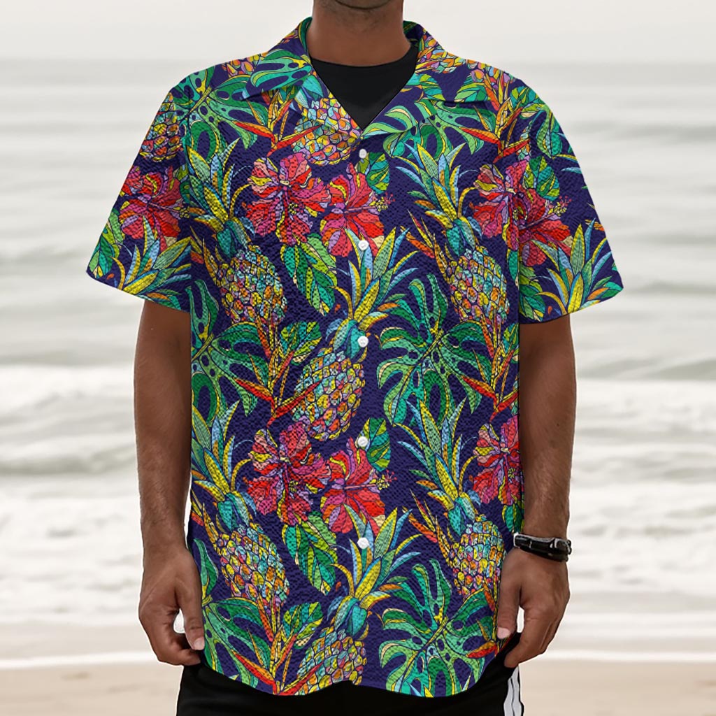 Colorful Aloha Pineapple Pattern Print Textured Short Sleeve Shirt