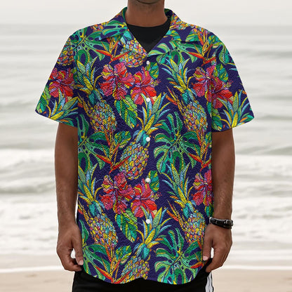 Colorful Aloha Pineapple Pattern Print Textured Short Sleeve Shirt