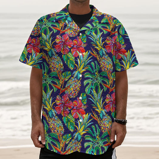 Colorful Aloha Pineapple Pattern Print Textured Short Sleeve Shirt