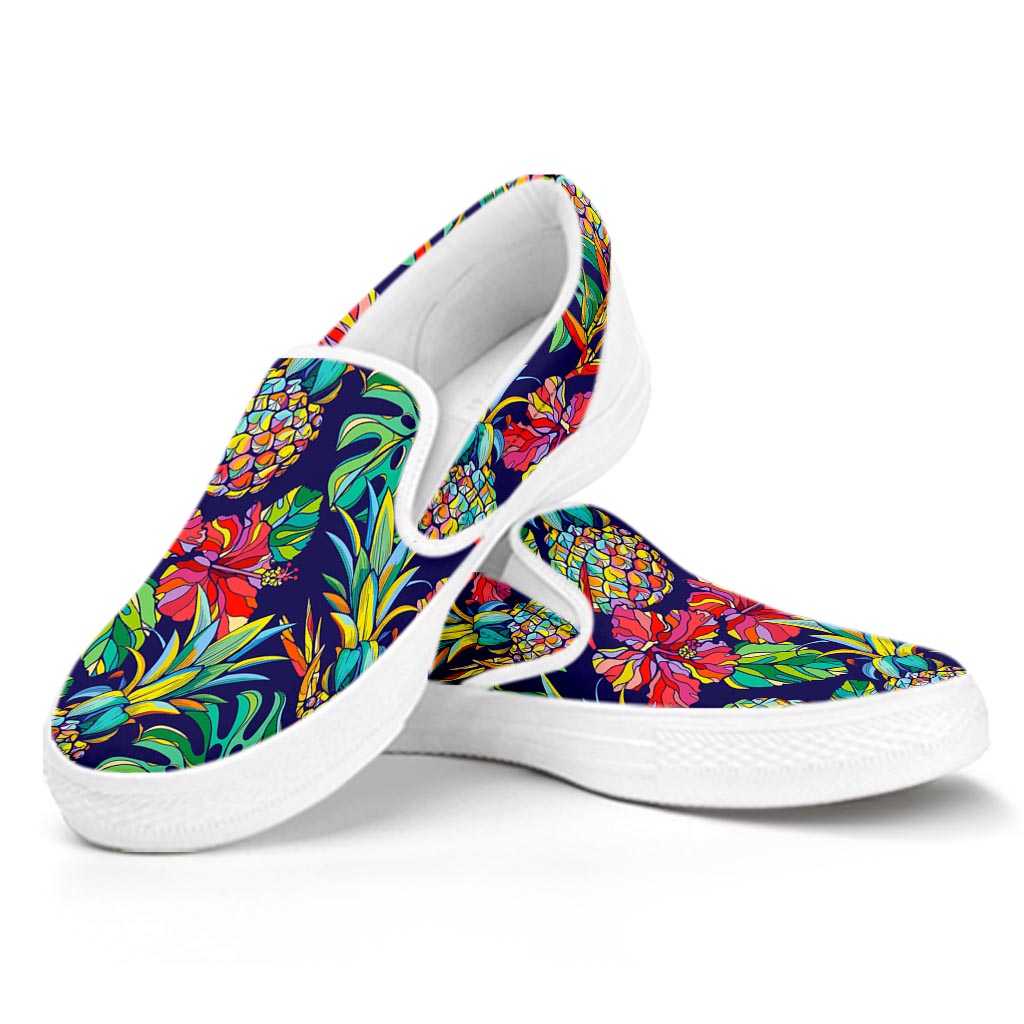 Colorful Aloha Pineapple Pattern Print White Slip On Sneakers