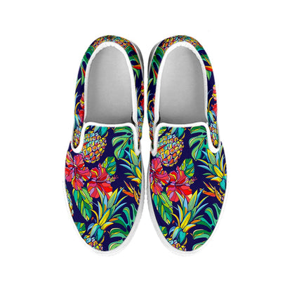 Colorful Aloha Pineapple Pattern Print White Slip On Sneakers