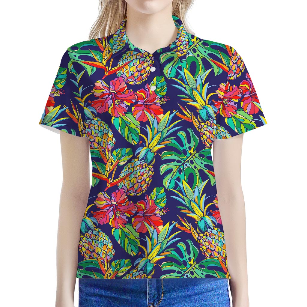 Colorful Aloha Pineapple Pattern Print Women's Polo Shirt