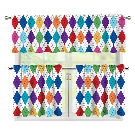 Colorful Argyle Pattern Print 3 Piece Kitchen Curtains
