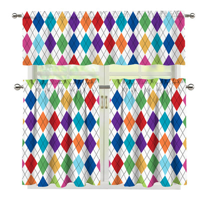Colorful Argyle Pattern Print 3 Piece Kitchen Curtains
