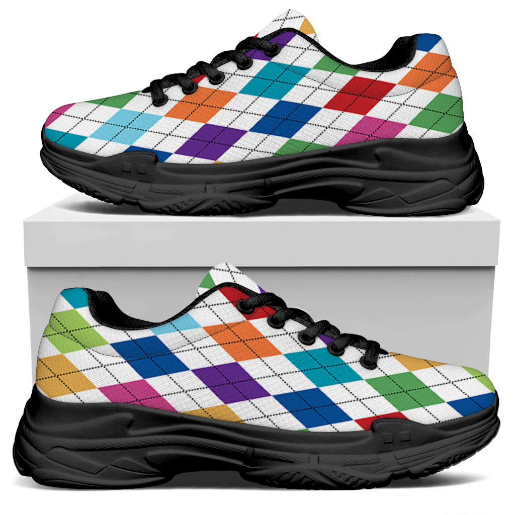 Colorful Argyle Pattern Print Black Chunky Shoes