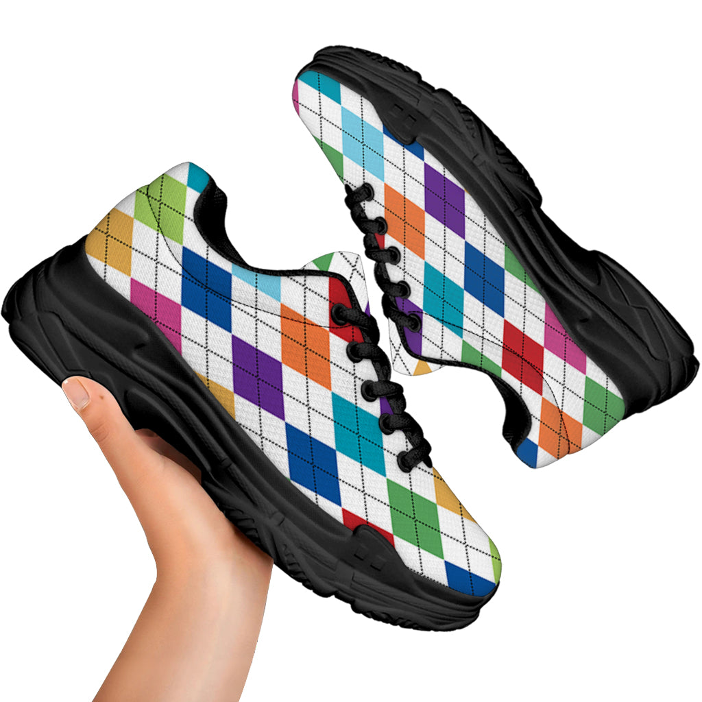 Colorful Argyle Pattern Print Black Chunky Shoes