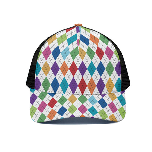 Colorful Argyle Pattern Print Black Mesh Trucker Cap