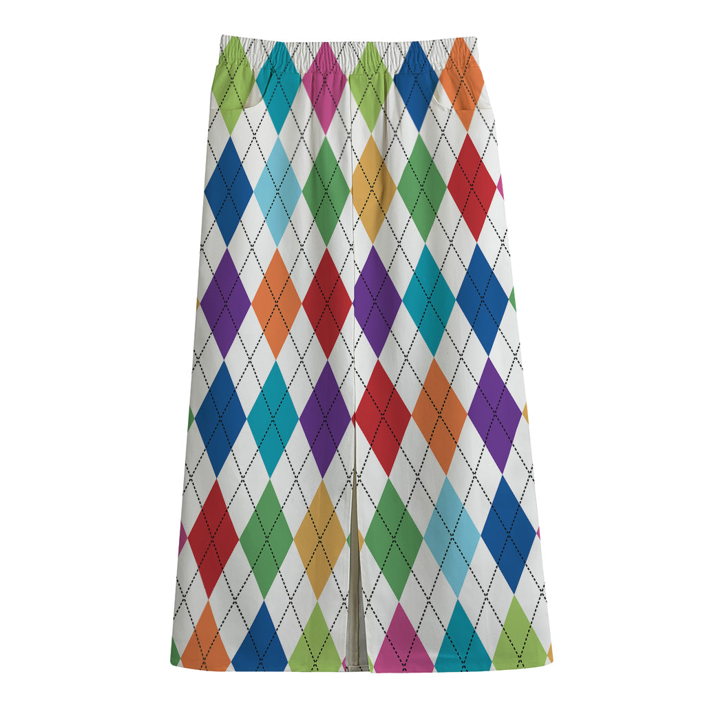 Colorful Argyle Pattern Print Cotton Front Slit Maxi Skirt