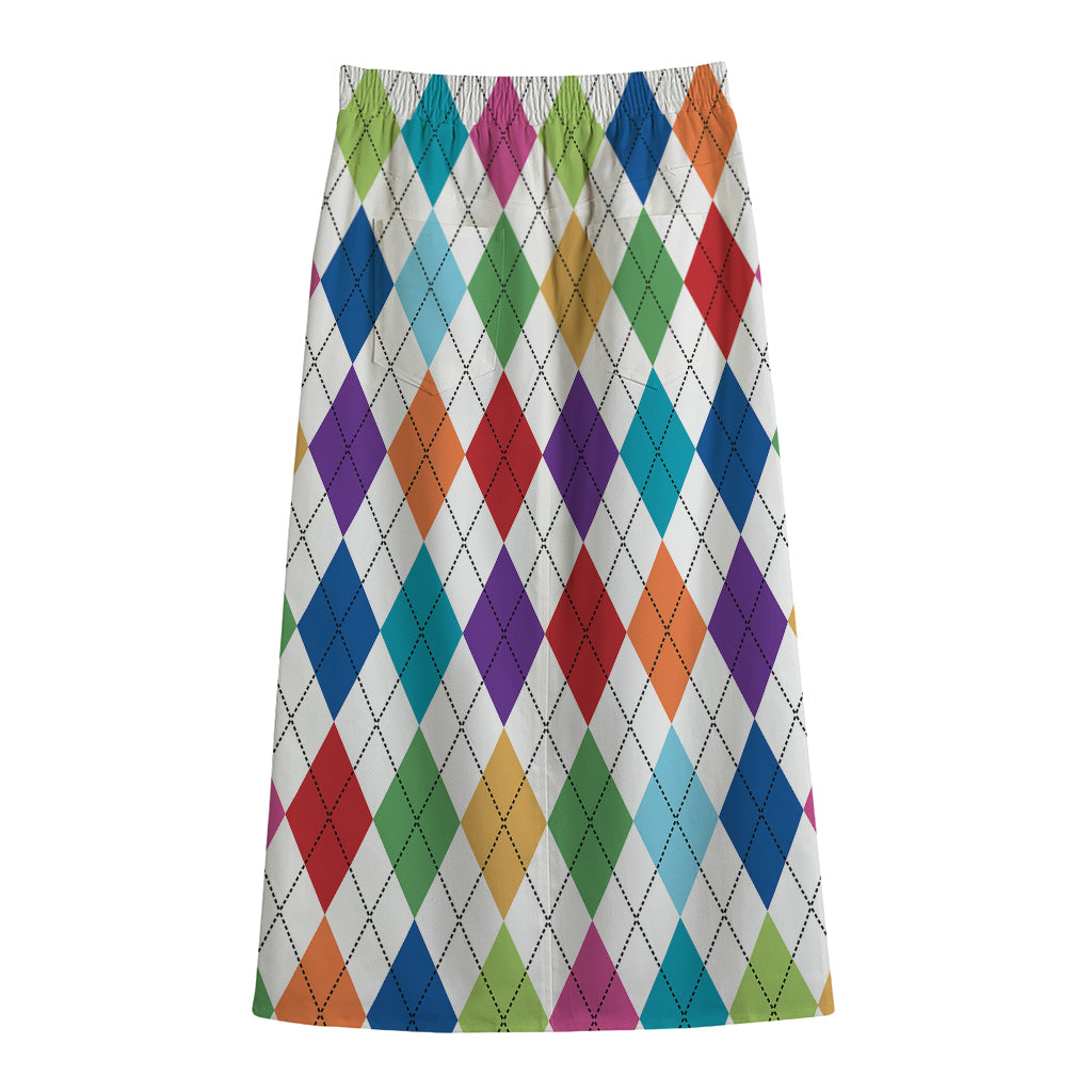 Colorful Argyle Pattern Print Cotton Front Slit Maxi Skirt