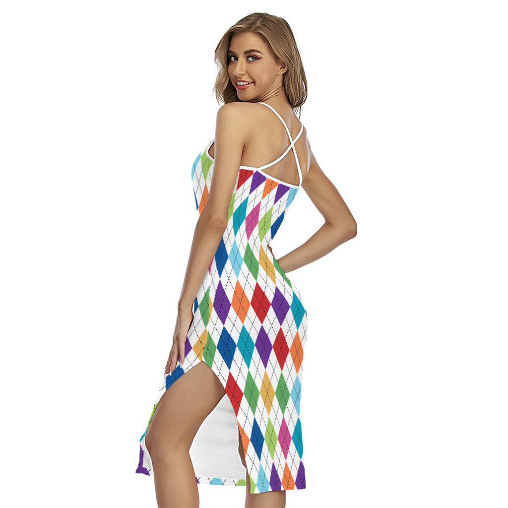 Colorful Argyle Pattern Print Cross Back Cami Dress