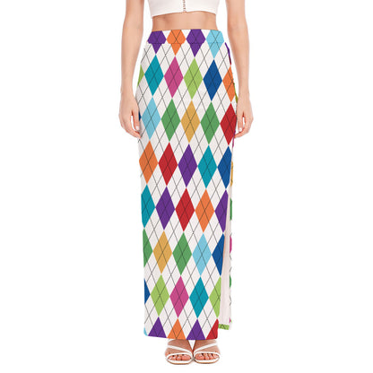 Colorful Argyle Pattern Print High Slit Maxi Skirt
