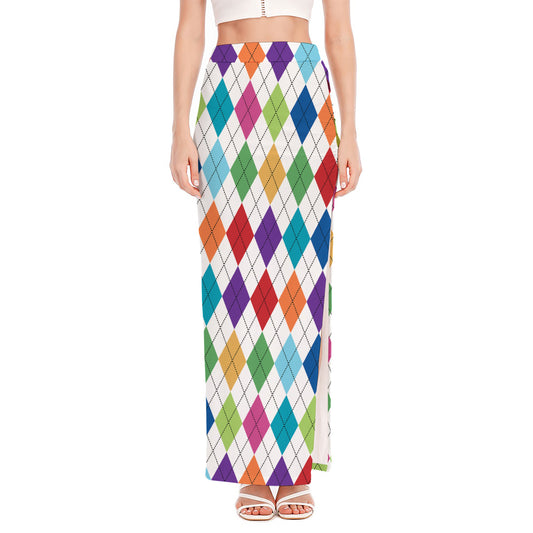 Colorful Argyle Pattern Print High Slit Maxi Skirt