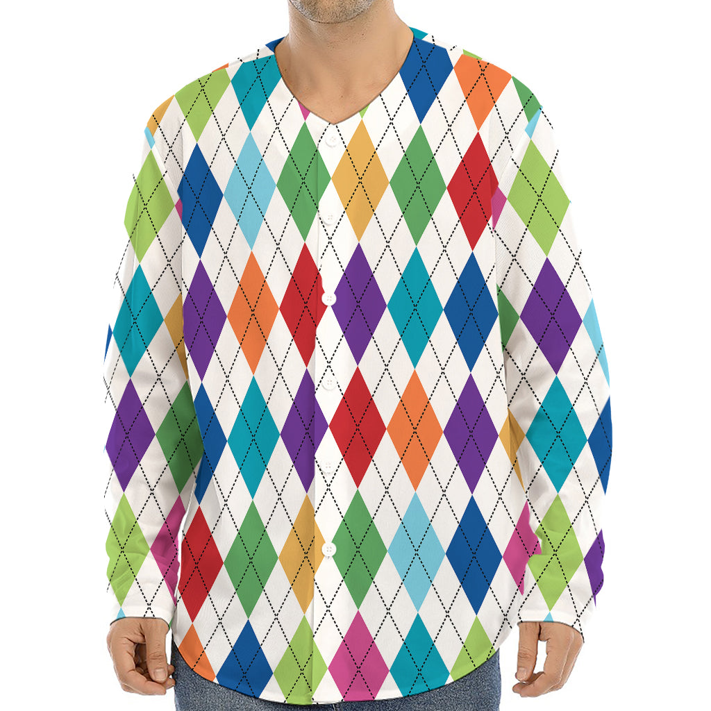 Colorful Argyle Pattern Print Long Sleeve Baseball Jersey