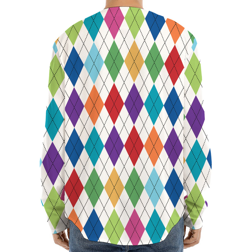 Colorful Argyle Pattern Print Long Sleeve Baseball Jersey