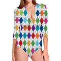Colorful Argyle Pattern Print Long Sleeve Swimsuit