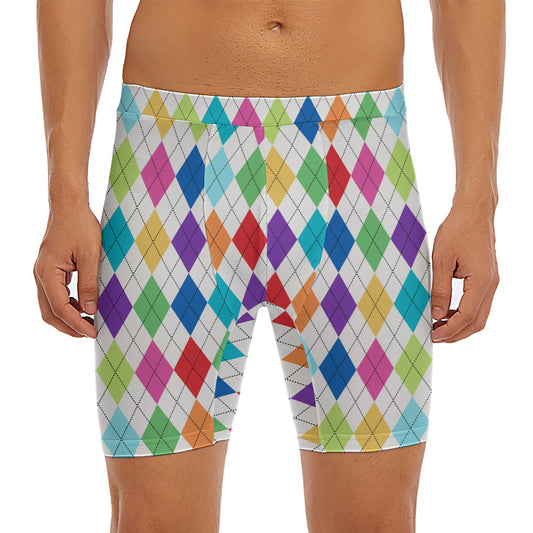 Colorful Argyle Pattern Print Men's Long Boxer Briefs