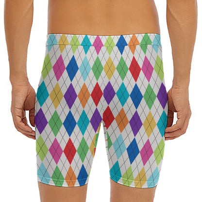 Colorful Argyle Pattern Print Men's Long Boxer Briefs