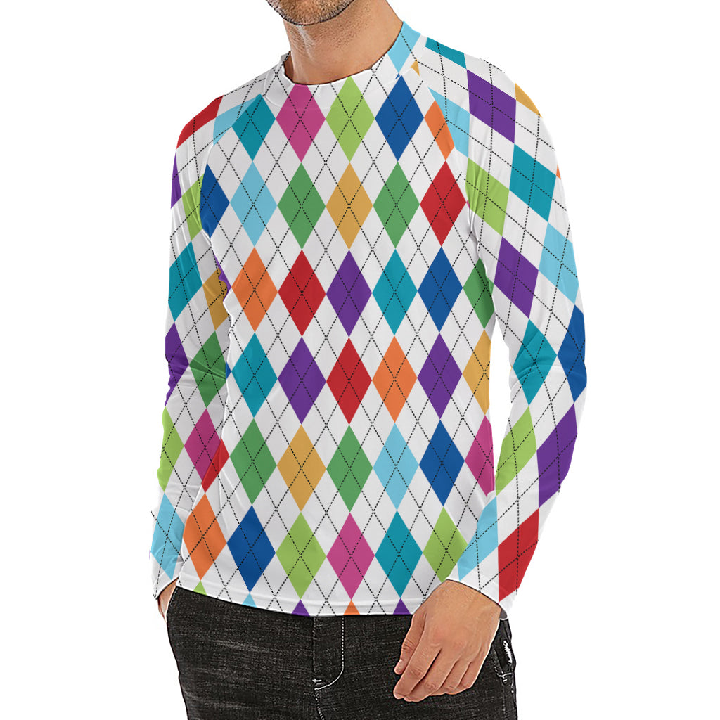 Colorful Argyle Pattern Print Men's Long Sleeve Rash Guard
