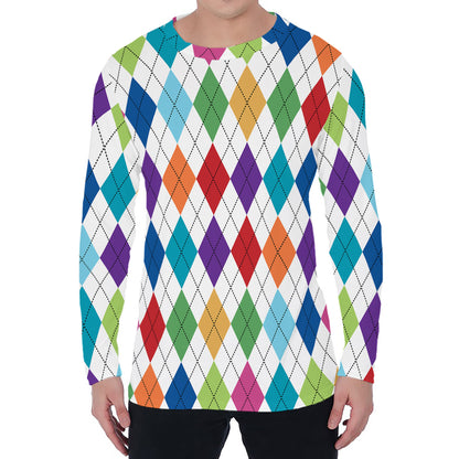 Colorful Argyle Pattern Print Men's Long Sleeve T-Shirt