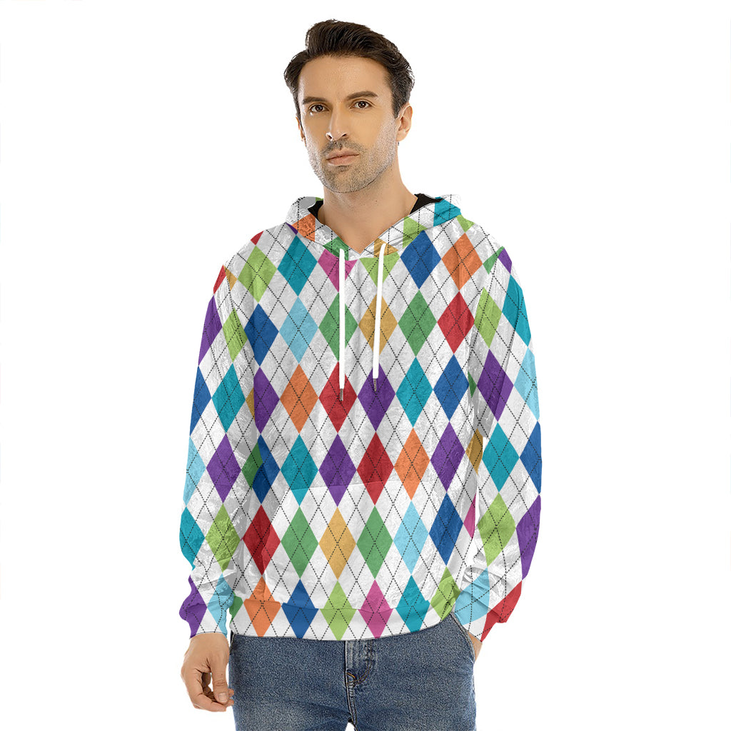 Colorful Argyle Pattern Print Men's Velvet Pullover Hoodie