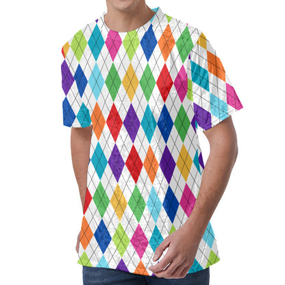 Colorful Argyle Pattern Print Men's Velvet T-Shirt