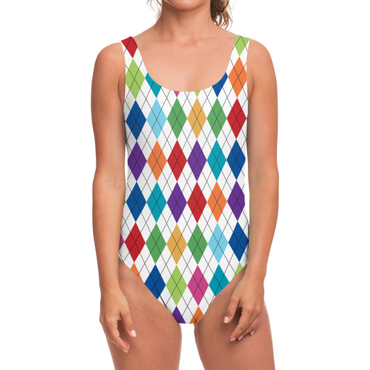 Colorful Argyle Pattern Print One Piece Swimsuit