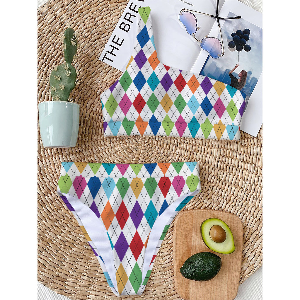 Colorful Argyle Pattern Print One Shoulder Bikini Top