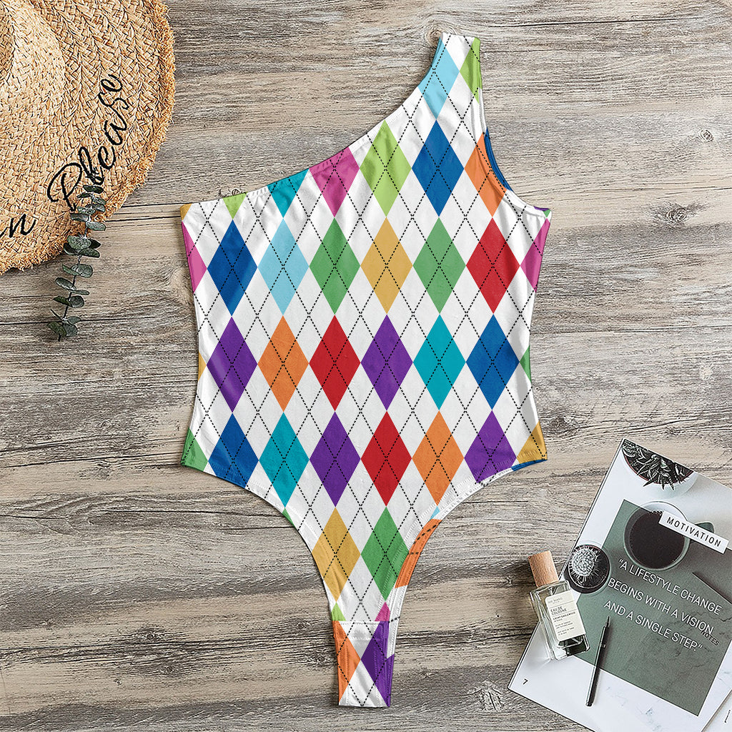 Colorful Argyle Pattern Print One Shoulder Bodysuit