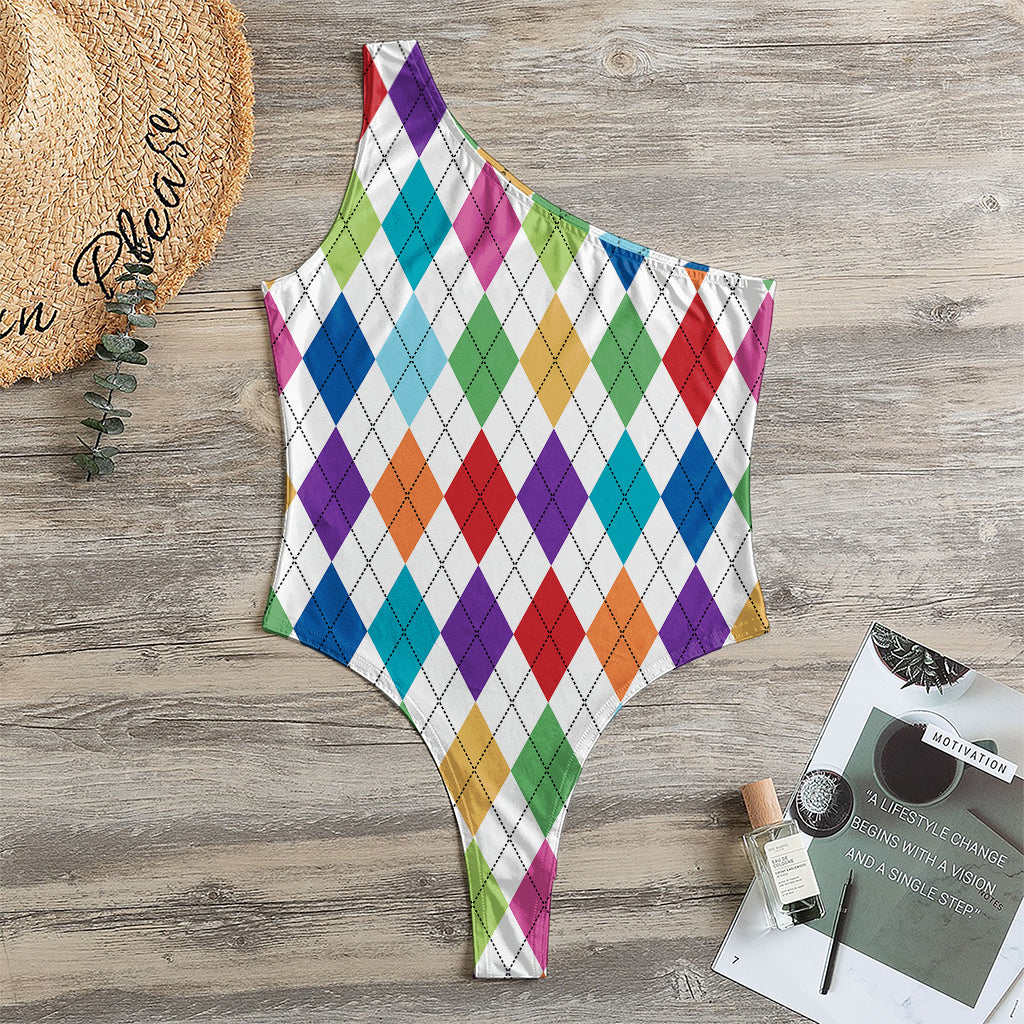 Colorful Argyle Pattern Print One Shoulder Bodysuit