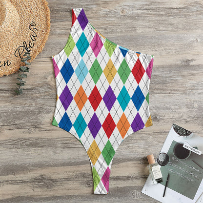 Colorful Argyle Pattern Print One Shoulder Bodysuit