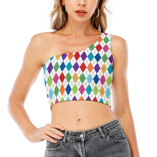 Colorful Argyle Pattern Print One Shoulder Crop Top