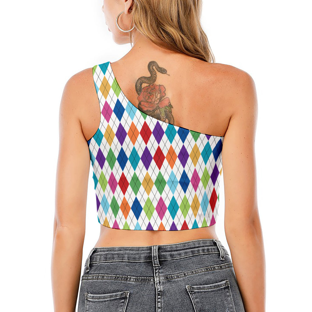Colorful Argyle Pattern Print One Shoulder Crop Top