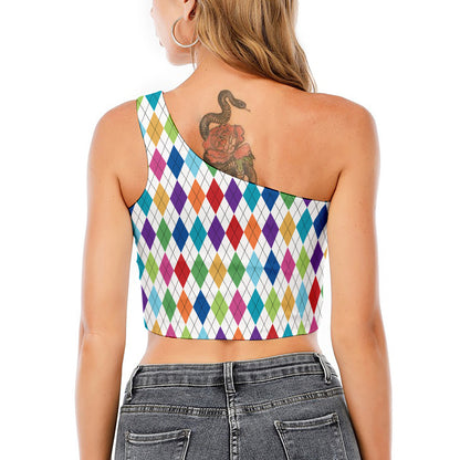 Colorful Argyle Pattern Print One Shoulder Crop Top