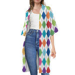 Colorful Argyle Pattern Print Open Front Beach Cover Up
