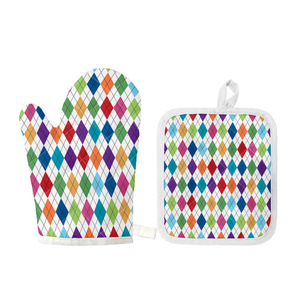 Colorful Argyle Pattern Print Oven Mitt And Pot Holder Set