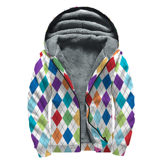 Colorful Argyle Pattern Print Sherpa Lined Zip Up Hoodie