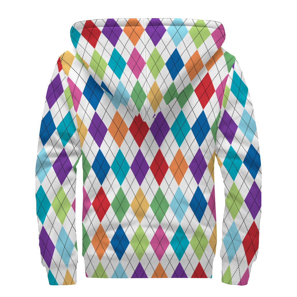 Colorful Argyle Pattern Print Sherpa Lined Zip Up Hoodie