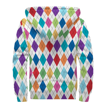 Colorful Argyle Pattern Print Sherpa Lined Zip Up Hoodie