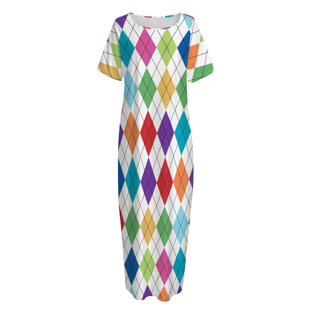 Colorful Argyle Pattern Print Short Sleeve Long Nightdress