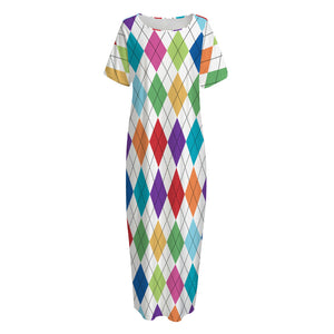 Colorful Argyle Pattern Print Short Sleeve Long Nightdress